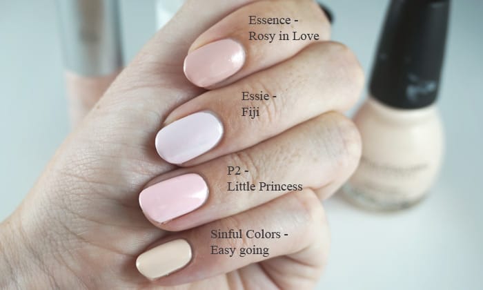 Comparison of Essence-Rosy in love Essie - Fiji, P2 little princess and Sinful colors easy going