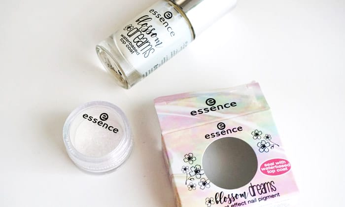 Bottle of Essence blossom dreams waterbased top coat and effect nail pigment