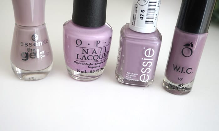 Comparison of essie ciao effect to other shades; Essence Tip Top Taupe, OPI Purple Palazzo Pants and Herome Milan