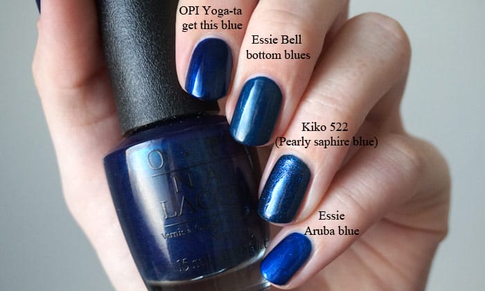 Comparison of OPI yoga-ta get this blue with Essie bell bottom blues, Essie aruba blue and Kiko522
