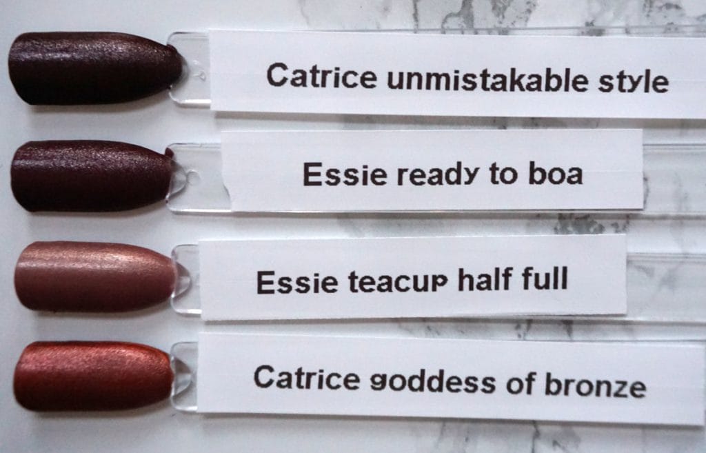 Comparison of Catrice unmistakable style, Essie ready to boa, Essie teacup half full and Catrice Goddess of Bronze