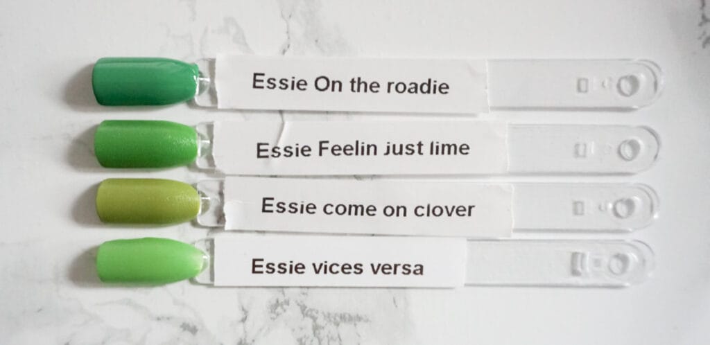 Essie Feelin'just lime vs On the roadie vs Come on clover vs Vices versa